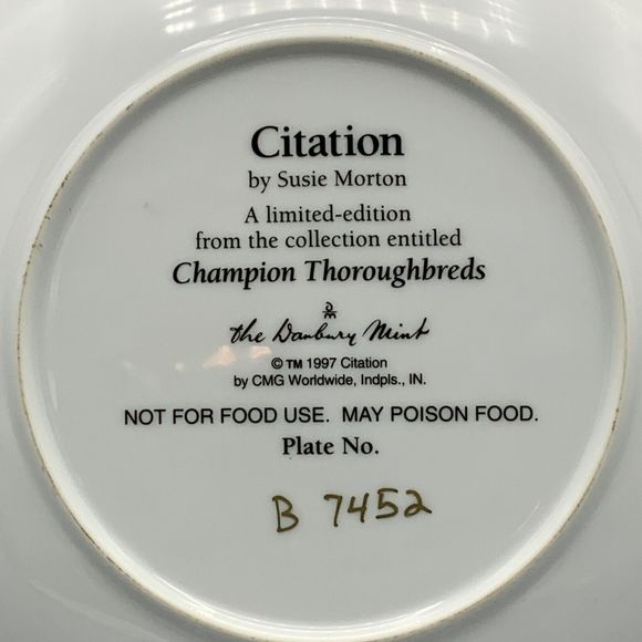 Danbury Mint Racehorse Citation Champion Thoroughbreds Plate Susie Morton 1997 - Picture 3 of 3